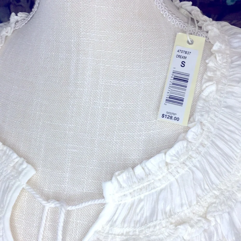 NWT✨ Max Studio London Puff Sleeve Tie Neck Gathered Elegant Cream Blouse Sm! - Picture 5 of 10